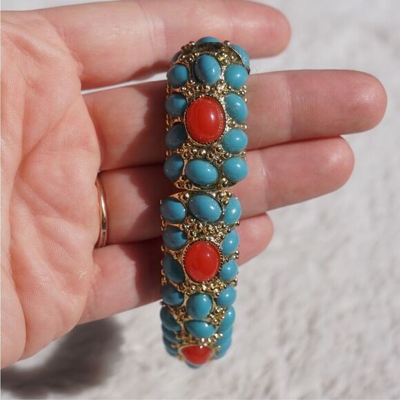 J.Crew Faux Gold Turquoise Coral Stretch Bracelet - Picture 2 of 6